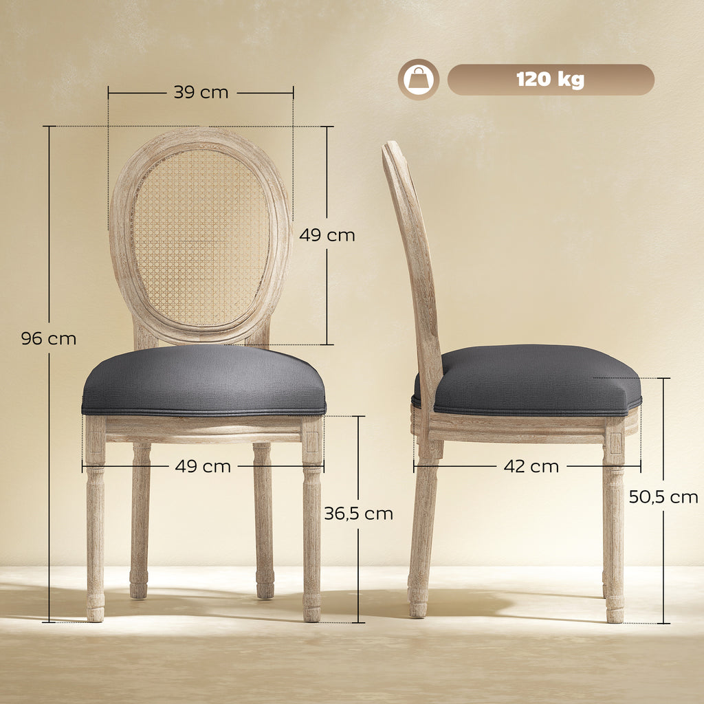 Küchenstühle im 2er-Set, weich gepolstert, Vintage-Design, Rattanoptik, Grau