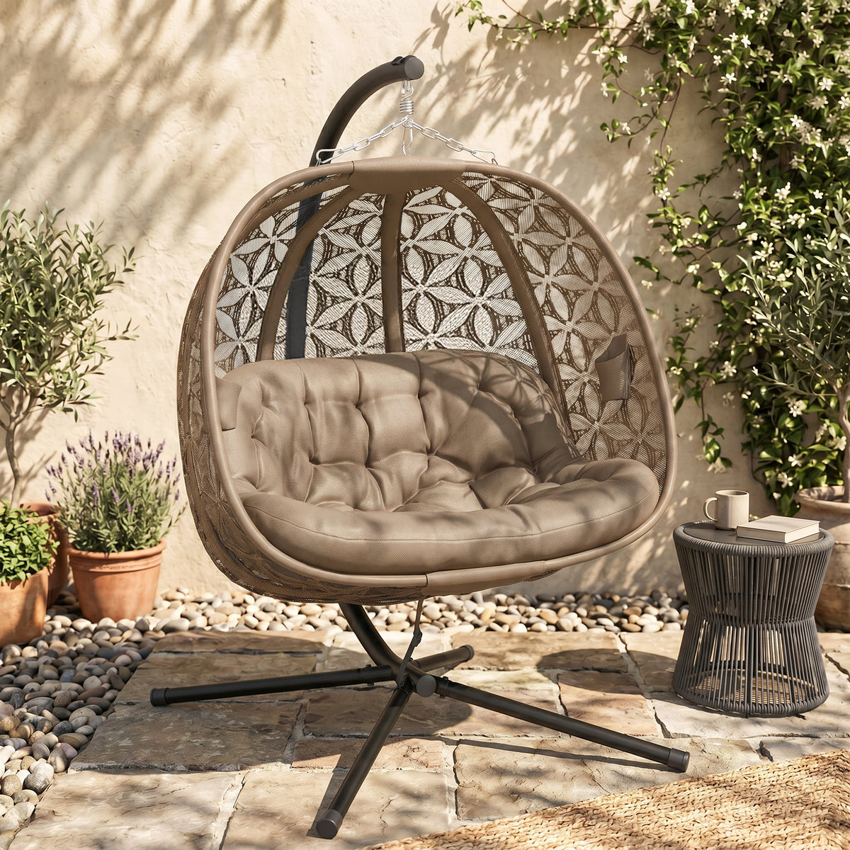 Outdoor Double Hanging Chair with Cushion and Cup Holders, Sand Brown