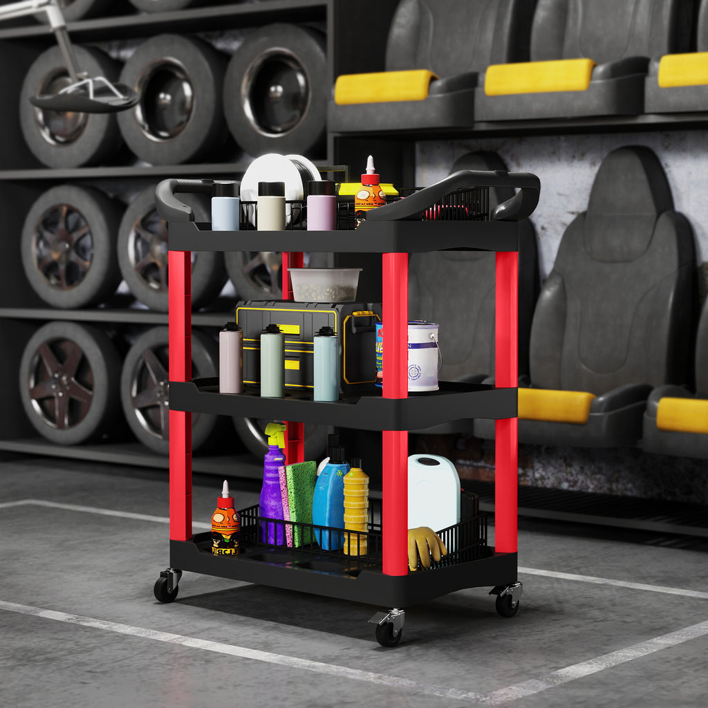 3-Tier Rolling Tool Cart, Tool Trolley on Wheels, Plastic Mobile Service Utility Cart with Handles for Garage, Mechanics and Warehouse, 91kg Capacity, Black and Red