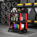 3-Tier Rolling Tool Cart, Tool Trolley on Wheels, Plastic Mobile Service Utility Cart with Handles for Garage, Mechanics and Warehouse, 91kg Capacity, Black and Red