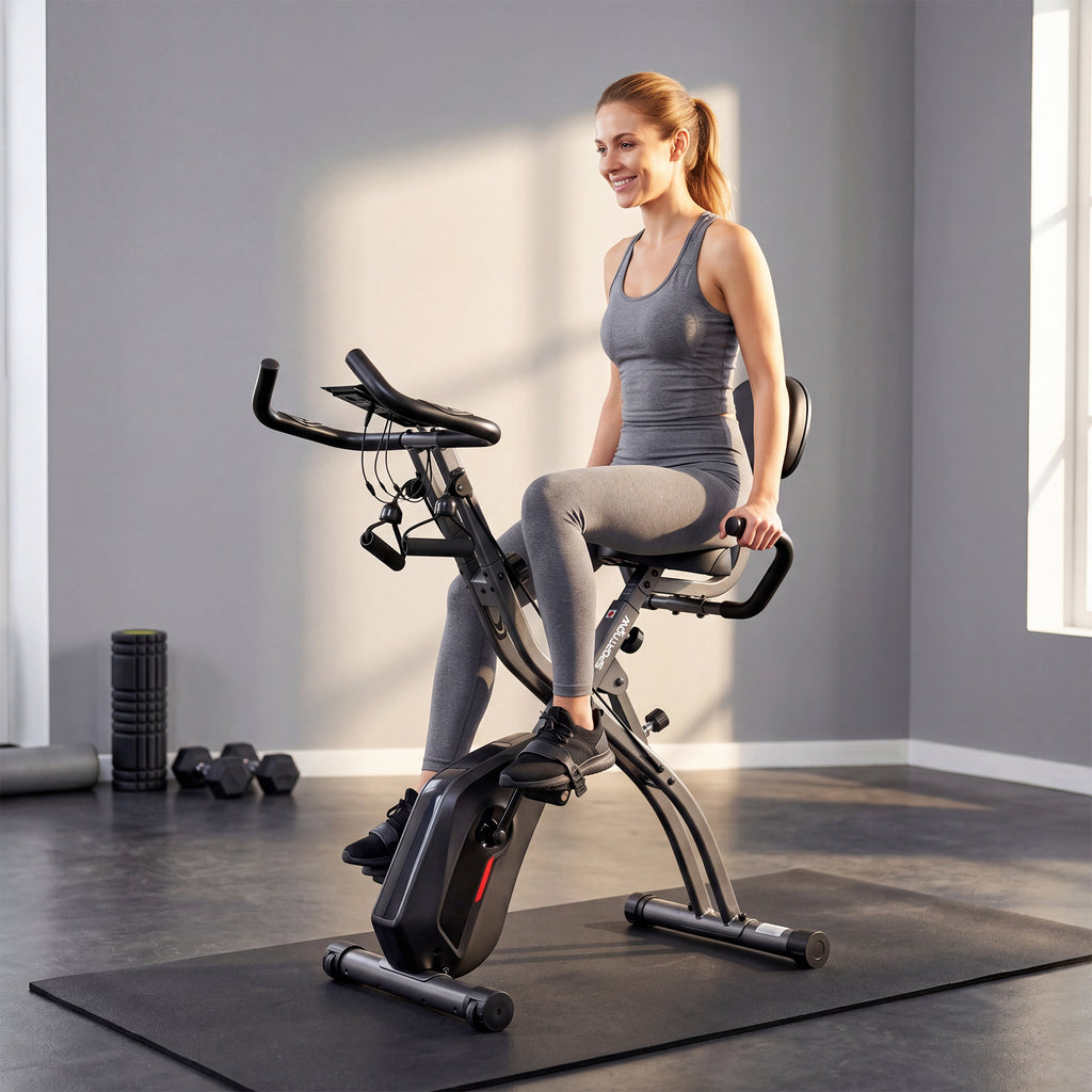 3-In-1 Folding Exercise Bike with Resistance Bands, Bluetooth App, 8-Level Magnetic Resistance, LCD Display, Black