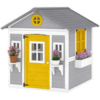 Spielhaus Wetterfestes Kinderspielhaus aus Holz mit Tür 6 Fenster 2 Blumenkästen 2 Blumenständern für 3-8 Jahre Grau