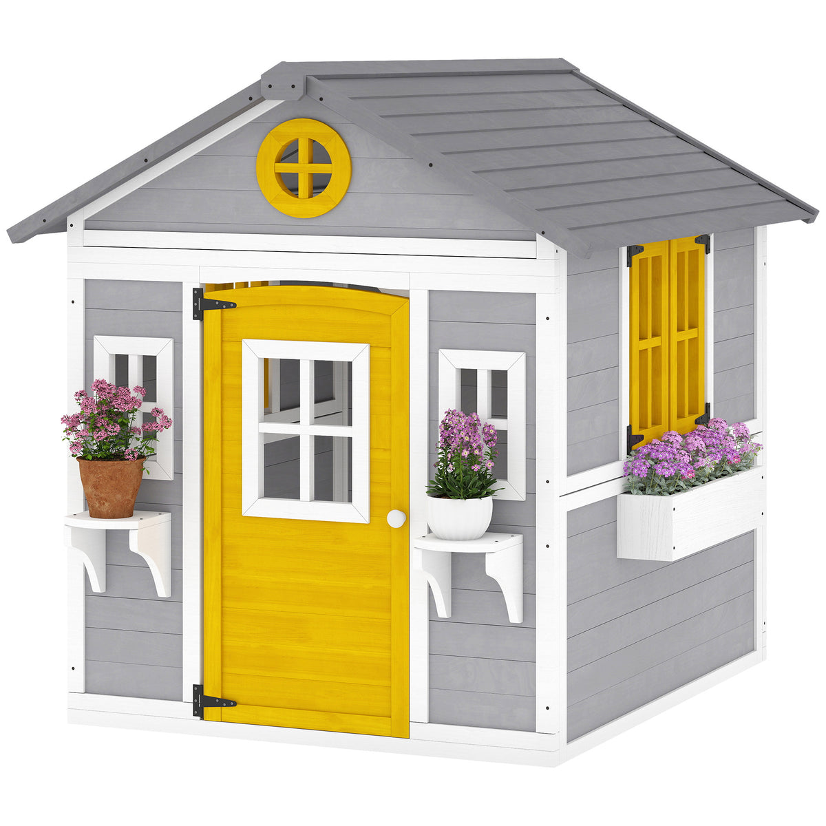 Spielhaus Wetterfestes Kinderspielhaus aus Holz mit Tür 6 Fenster 2 Blumenkästen 2 Blumenständern für 3-8 Jahre Grau