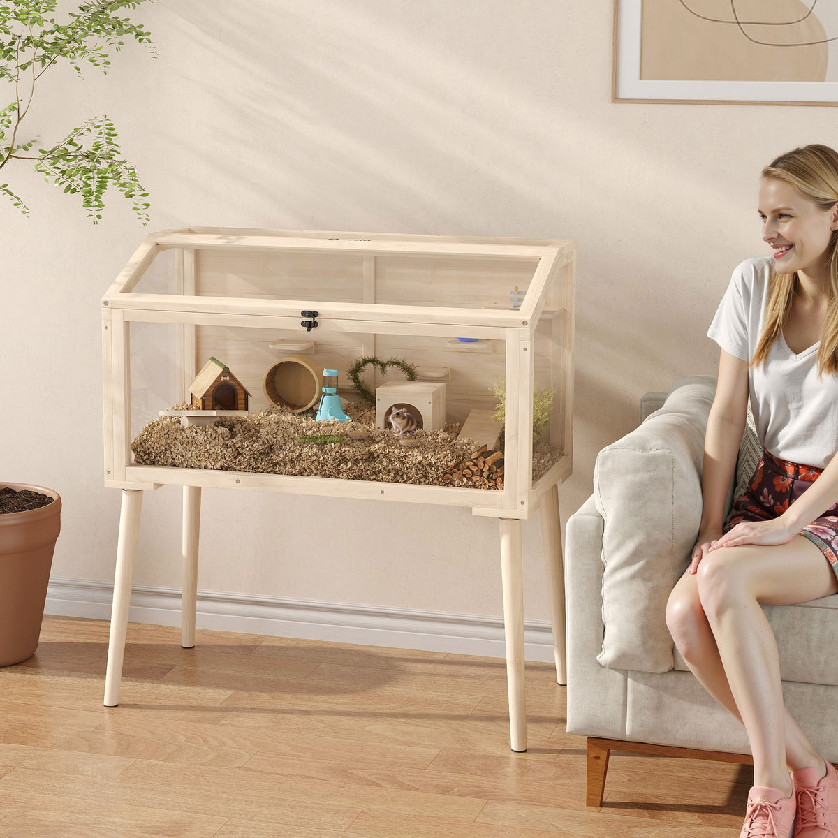 Hamsterkäfig, Zwerghamstergehege, Kleintierstall mit Zubehör, Wasserflasche, 110 x 52 x 101 cm, Holz, Kunststoff