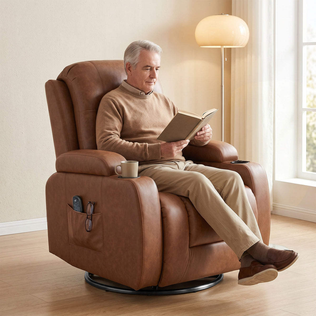 Massagesessel mit Wärmefunktion, drehbarer Schaukelsessel mit Fußstütze, Hellbraun