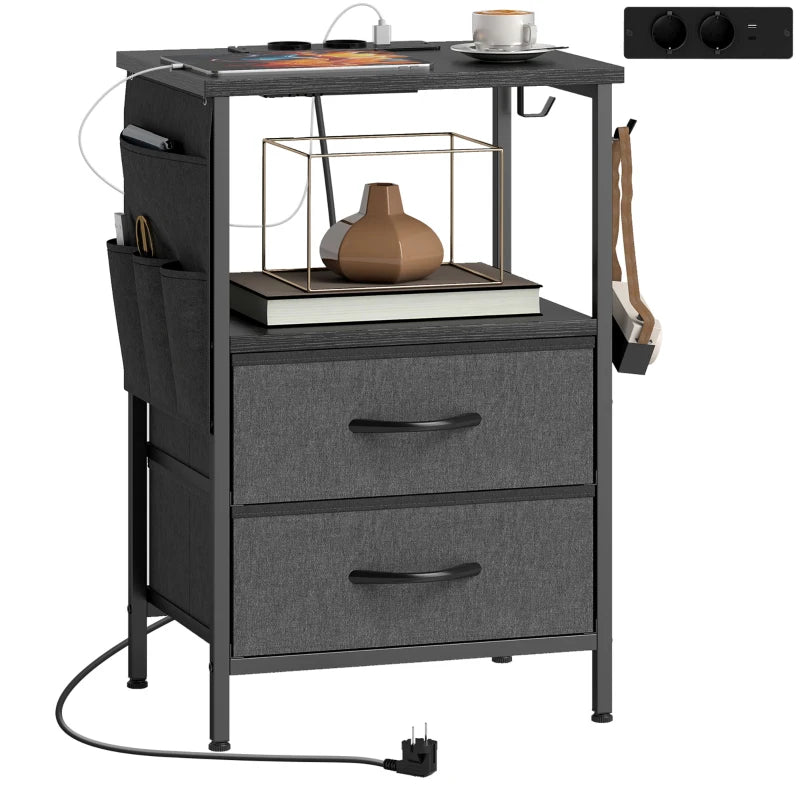 Couchtisch Beistelltisch mit Ladestation, Stahlrahmen, USB-C-Anschl¨¹ssen, Schubladen, Haken, 40cm x 30cm x 60cm Schwarz