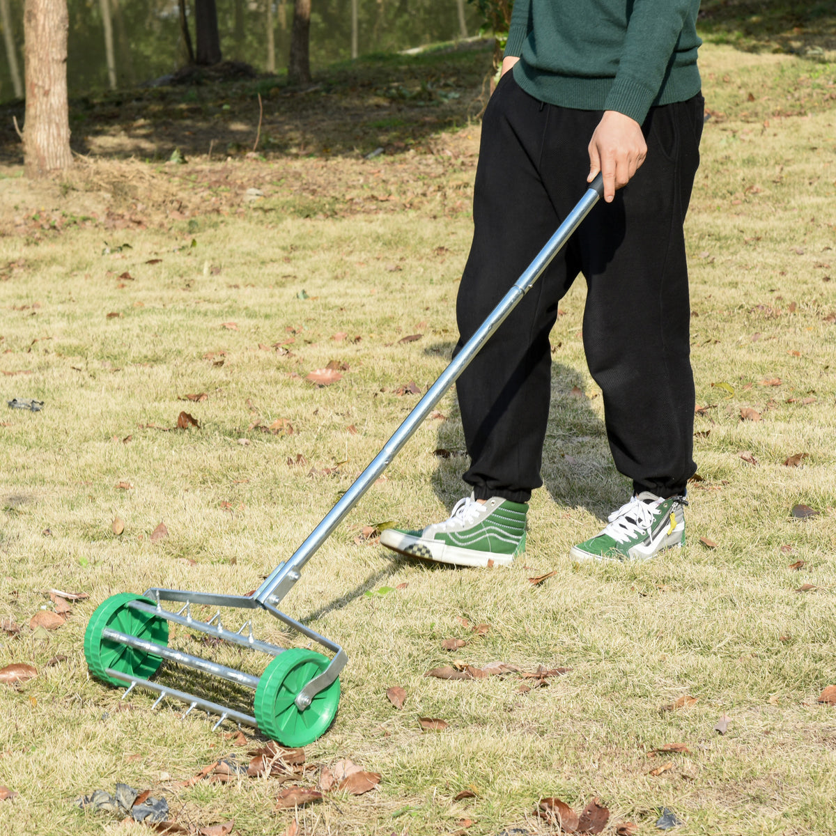  Garden Rolling Lawn Aerator Heavy Duty Steel Grass Roller w/ Adjustable Handle