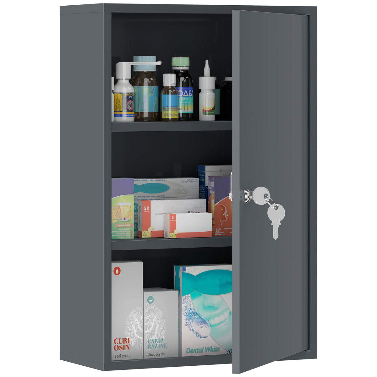 Wand-Medizinschrank, Badezimmerschrank mit 3 Regalböden, 2 Schlüsseln, 40 x 18 x 60 cm, Grau