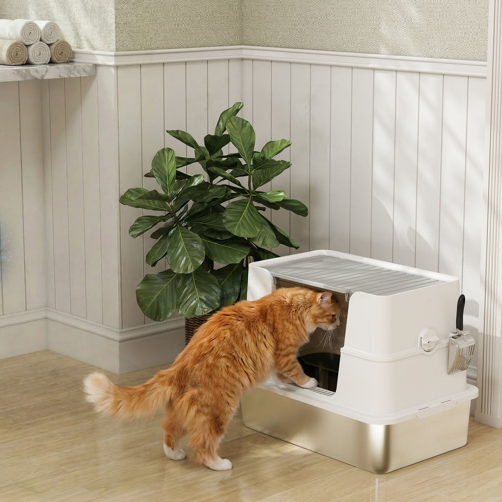 Katzentoilette, Edelstahl, XL-Innenraum, mit Schaufel, Hellgrau