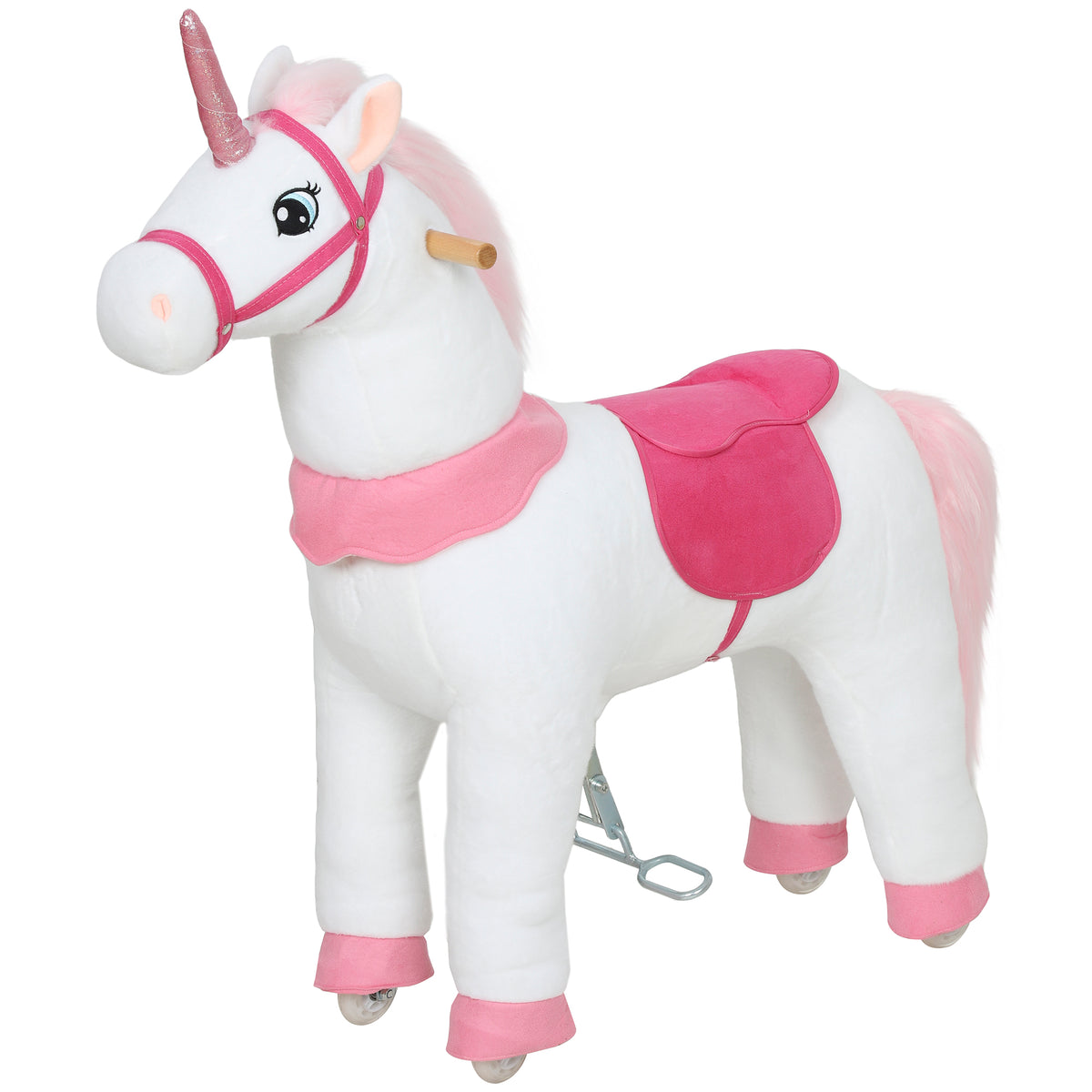 Reitpferd f¨¹r Kinder, Einhorn-Design, Stoffbezug, stabiler Rahmen, sanfte R?der, Schaukelpferd, 3-5 Jahre, Wei?