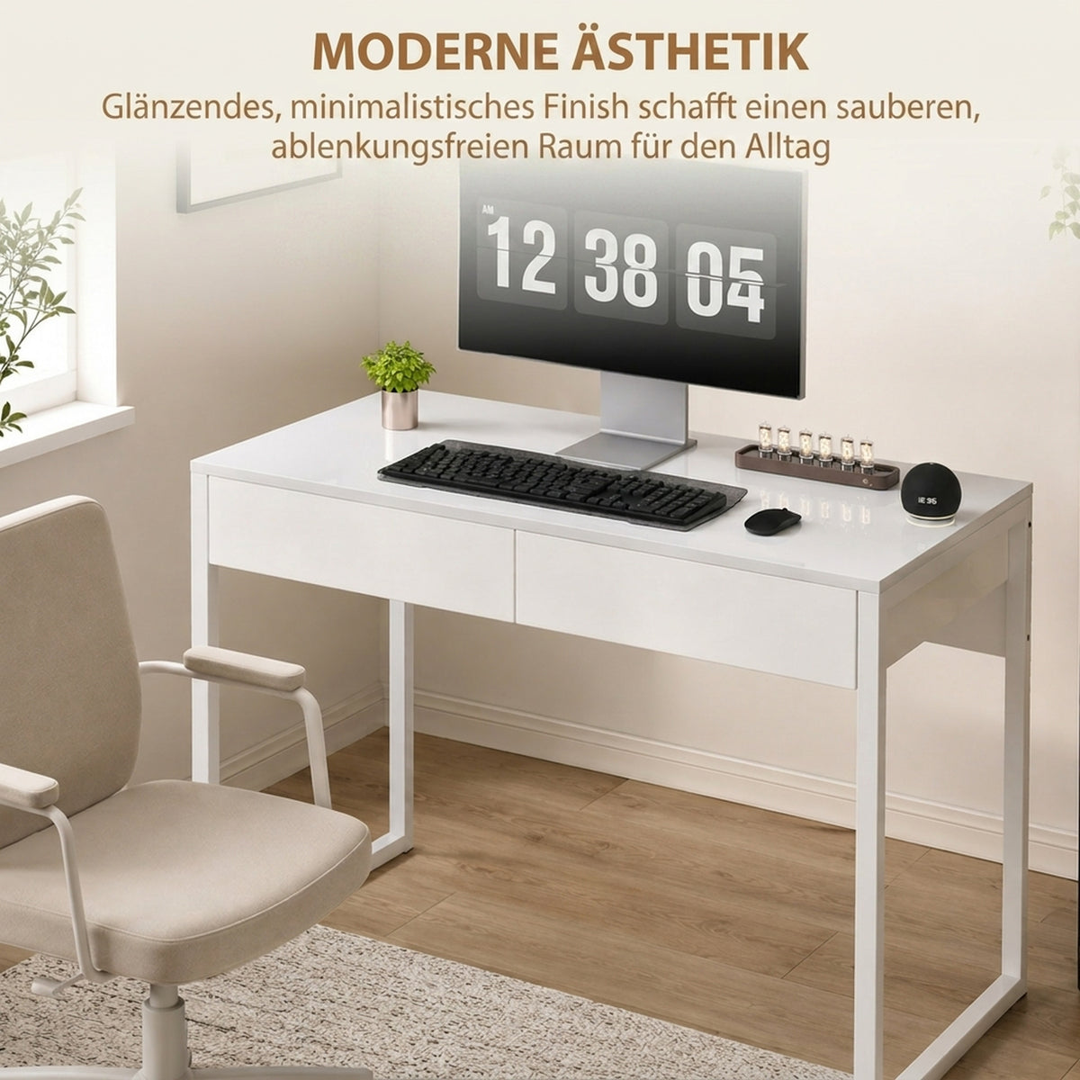 Schreibtisch 100 x 50 cm Computertisch Bürotisch mit 2 Schubladen, für kleine Räume, Weiß