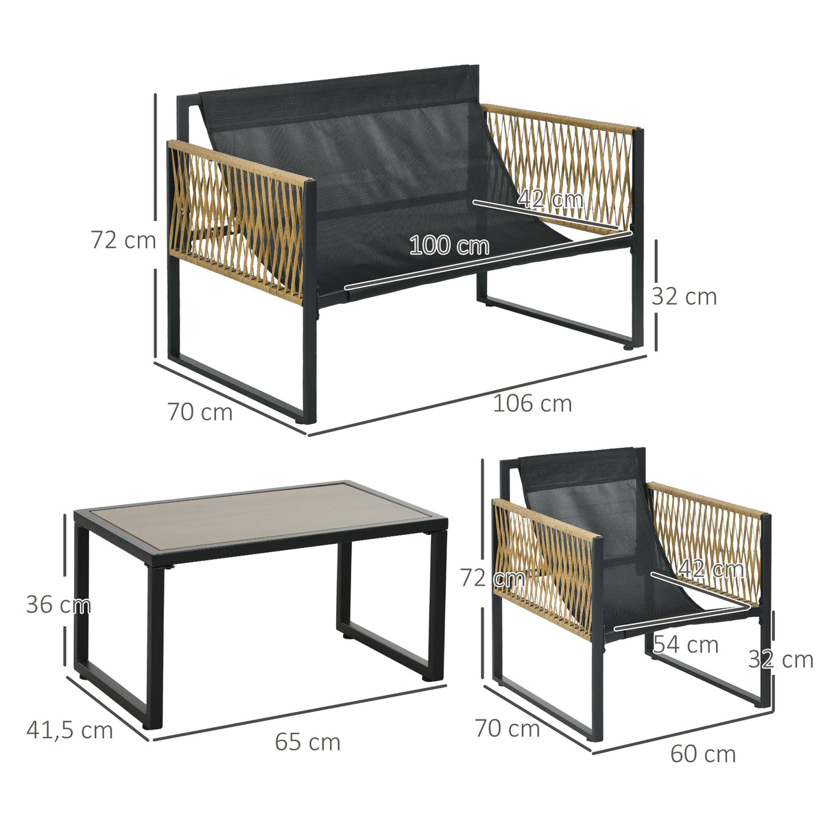 Gartenmöbel-Set, 4-teilig, Sofa, 2 Stühle, Tisch mit Glasplatte, Metallgestell, Polyrattan, Anthrazit