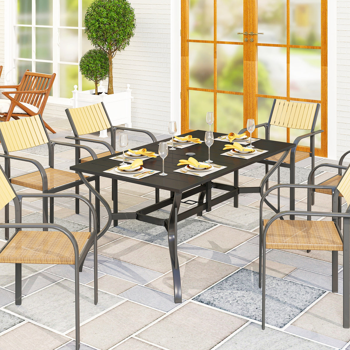 Rectangle Garden Dining Table with Parasol Hole, Patio Table with Steel Frame and Slat Tabletop, 150cm x 90cm, Black