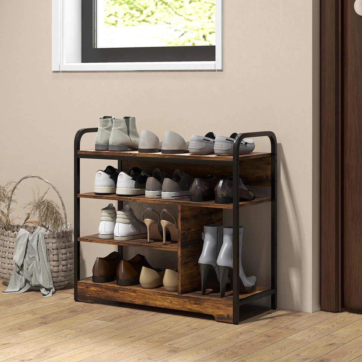 Schuhregal 4-stufig, offenes Design, Metallrahmen, verstellbare F¨¹?e, 70x30x65 cm, Braun/Schwarz