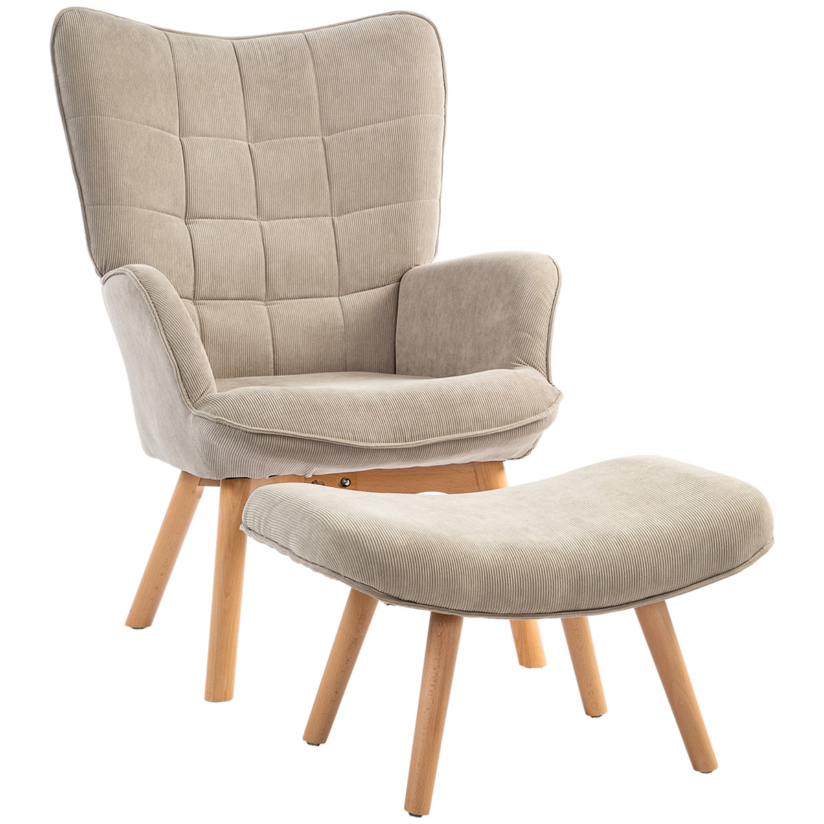 Akzentsessel mit Hocker, Relaxsessel in Cord-Optik, Armlehnstuhl mit Holzbeinen, für Wohnzimmer, Hellbraun
