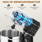 Küchenmaschine Knetmaschine mit 7L Edelstahlschüssel 1400W mit Kippkopf, Knethaken, Schneebesen, Rührbesen