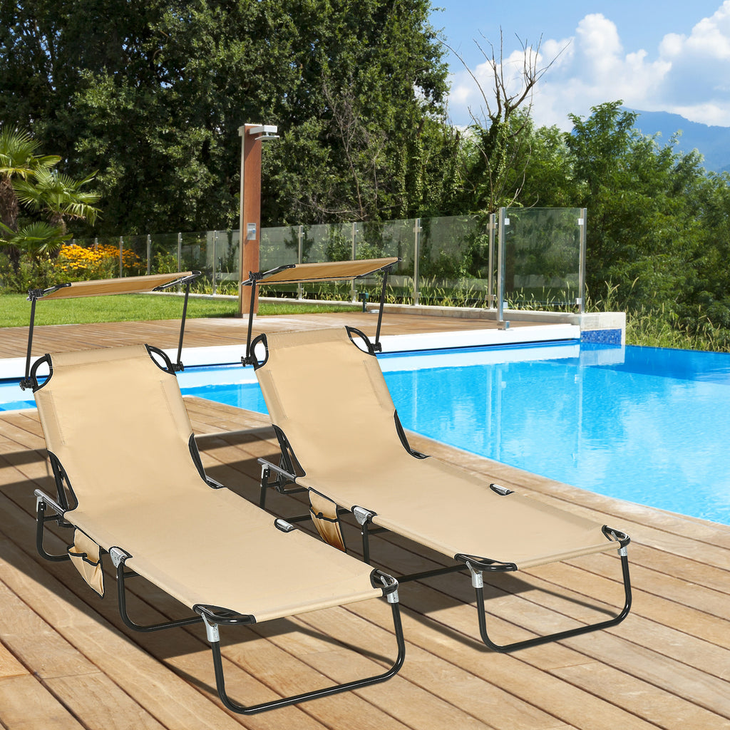2er Set Sonnenliege klappbar Gartenliege mit Sonnendach 5-Fach h?henverstellbarer R¨¹ckenlehne Braun