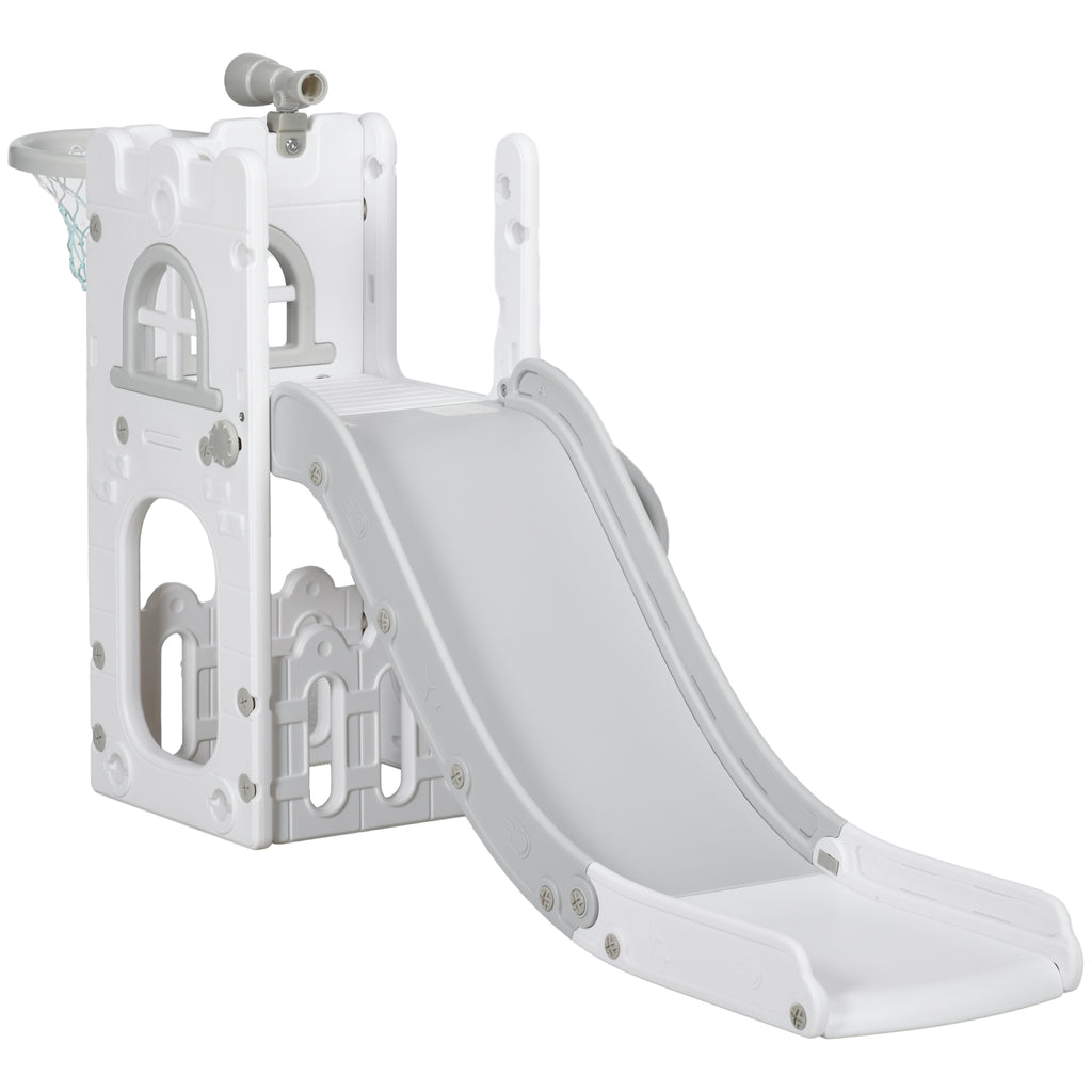 5 in 1 Toddler Slide with Basketball Hoop, Climber, Telescope, Storage Basket, for Ages 1-3 Years, Grey