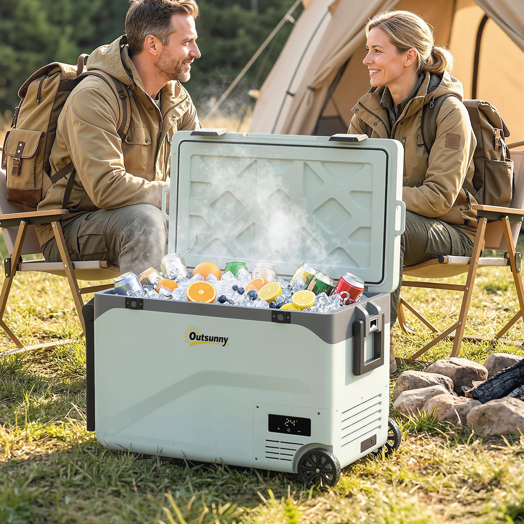 42,5 Liter Kompressor Kühlbox Leise elektrisch Mini Kühlschrank bis -20℃ Kühlbox mit Bluetooth Rolle Griff Handyhalter