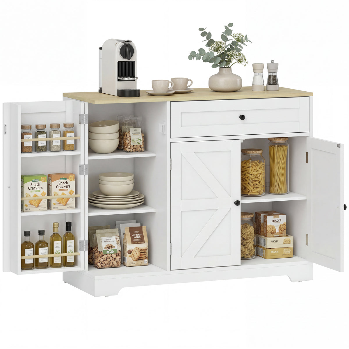 Sideboard, Landhausstil Küchenschrank mit Schiebetüren, 1 Schublade, 2 verstellbaren Einlegeböden, Türregalen