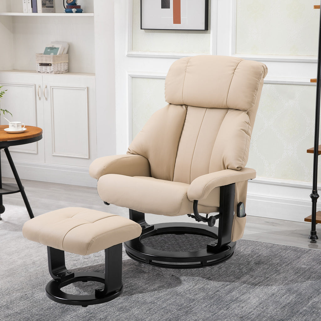 Relaxsessel mit Hocker, drehbarer Fernsehsessel mit Massagefunktion, Liegefunktion, Massagesessel mit Fernbedienung, Seitentasche, Ruhesessel aus Kunstleder für Wohnzimmer Cremeweiß