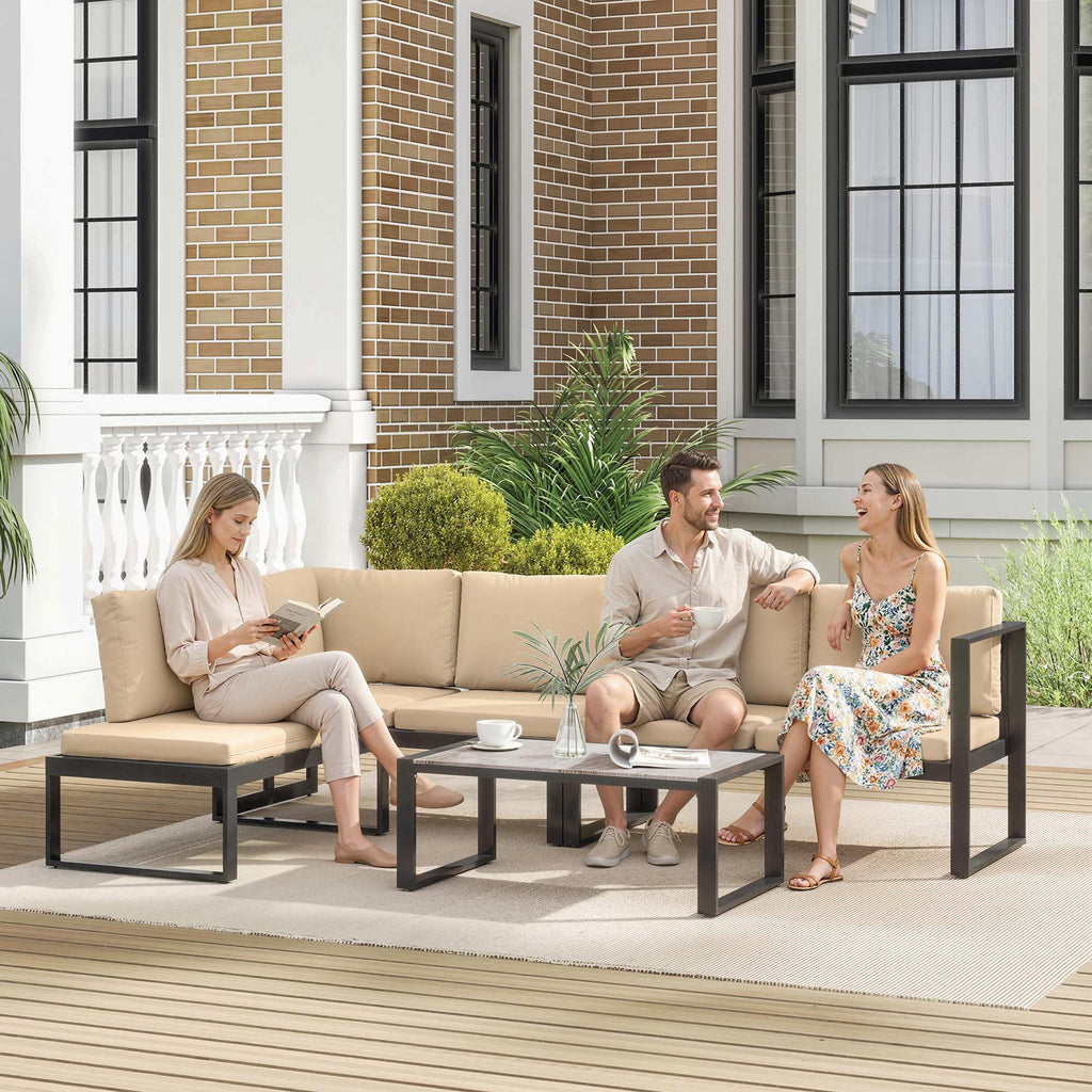 4-teiliges Gartenmöbel-Set, Sofa-Set mit 2 Zweisitzern, armloser Stuhl, Couchtisch, für Balkon, Khaki