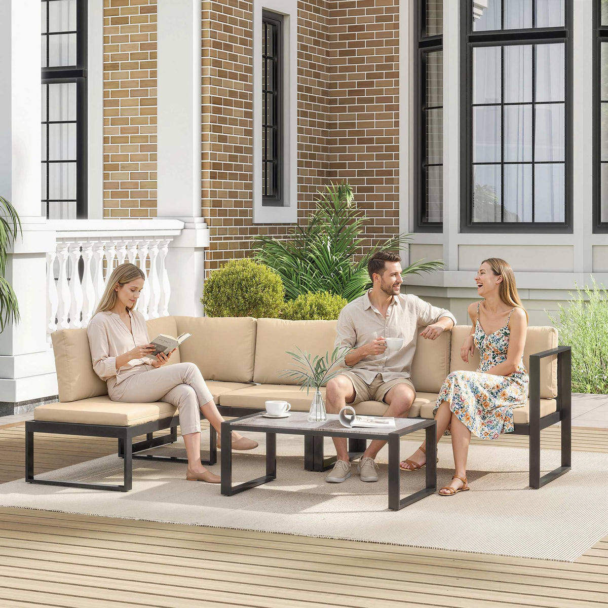 4-teiliges Gartenmöbel-Set, Sofa-Set mit 2 Zweisitzern, armloser Stuhl, Couchtisch, für Balkon, Khaki