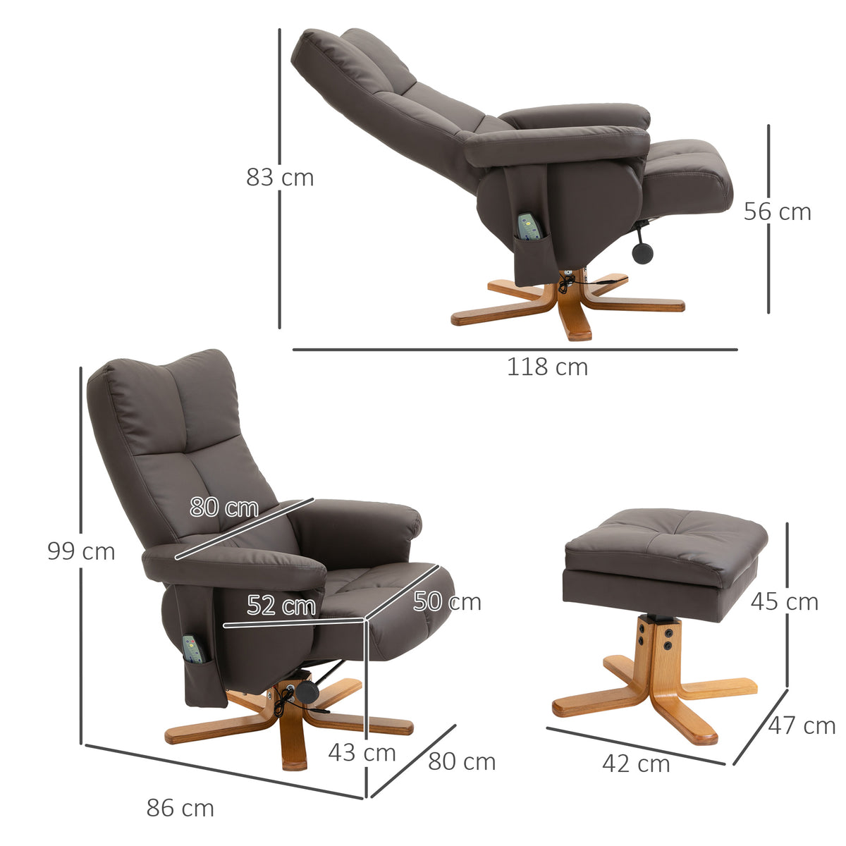 Relaxsessel mit Hocker, 360°drehbarer Fernsehsessel mit Massage, Liegefunktion, Massagesessel mit Seitentasche, TV-Sessel, Kunstleder für Wohnzimmer Braun