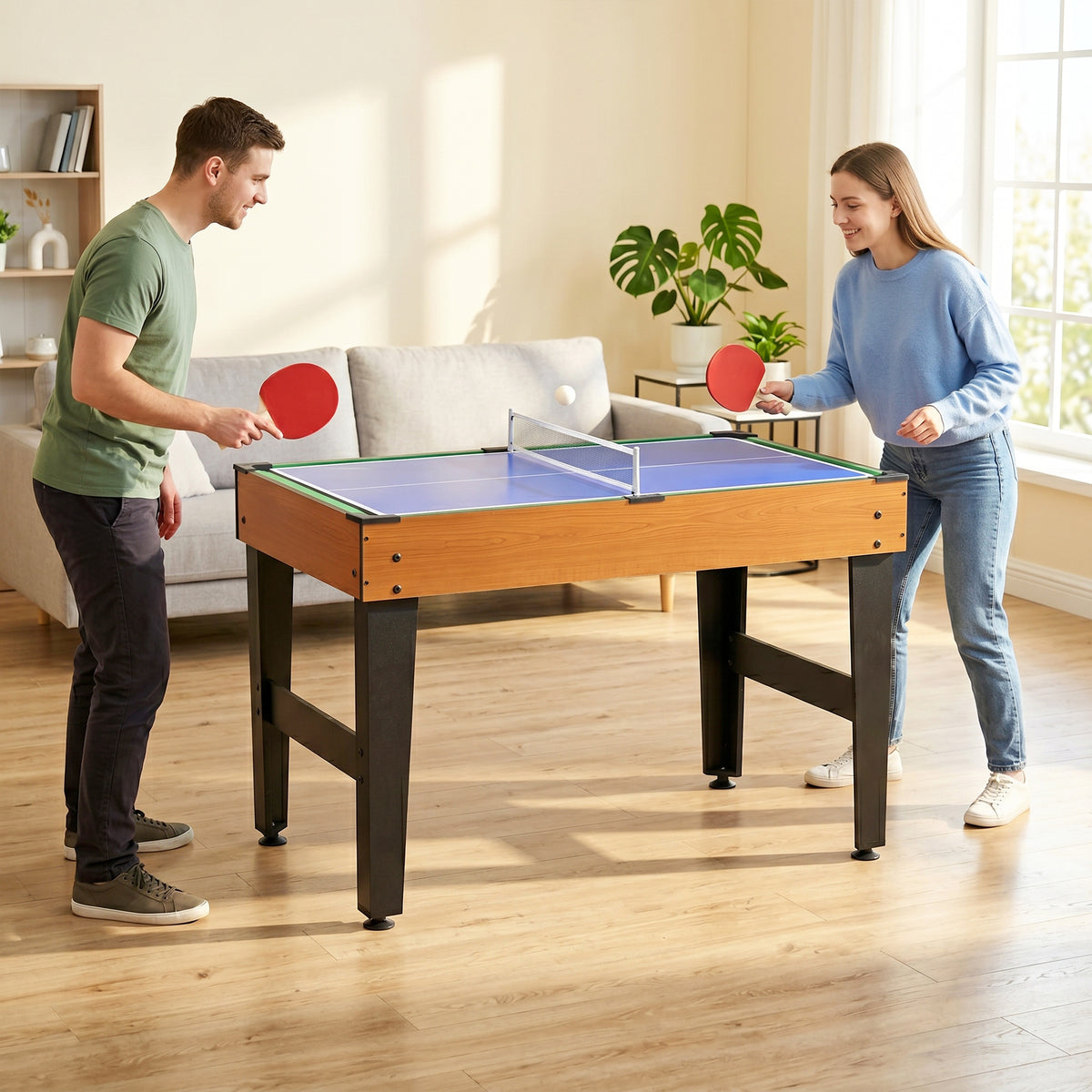4-in-1 Partyspieltisch inkl. Tischtennis, Kicker, Billard, Tischhockey, Metall, Holz, Natur+Schwarz