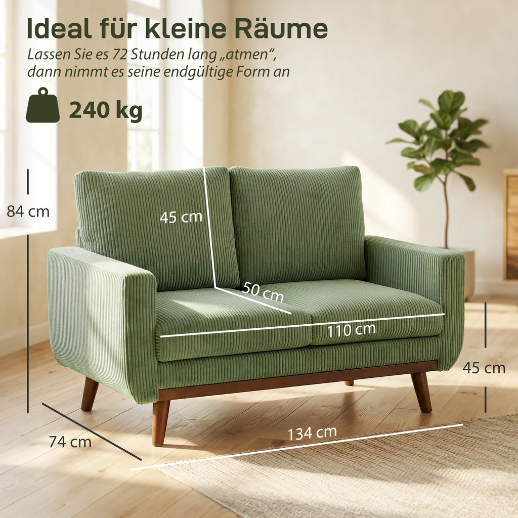2-Sitzer-Sofa, 134 cm Cord-Sofa mit Taschenfedern, dicker Rückenlehne, Holzlatten-Akzent, Grün