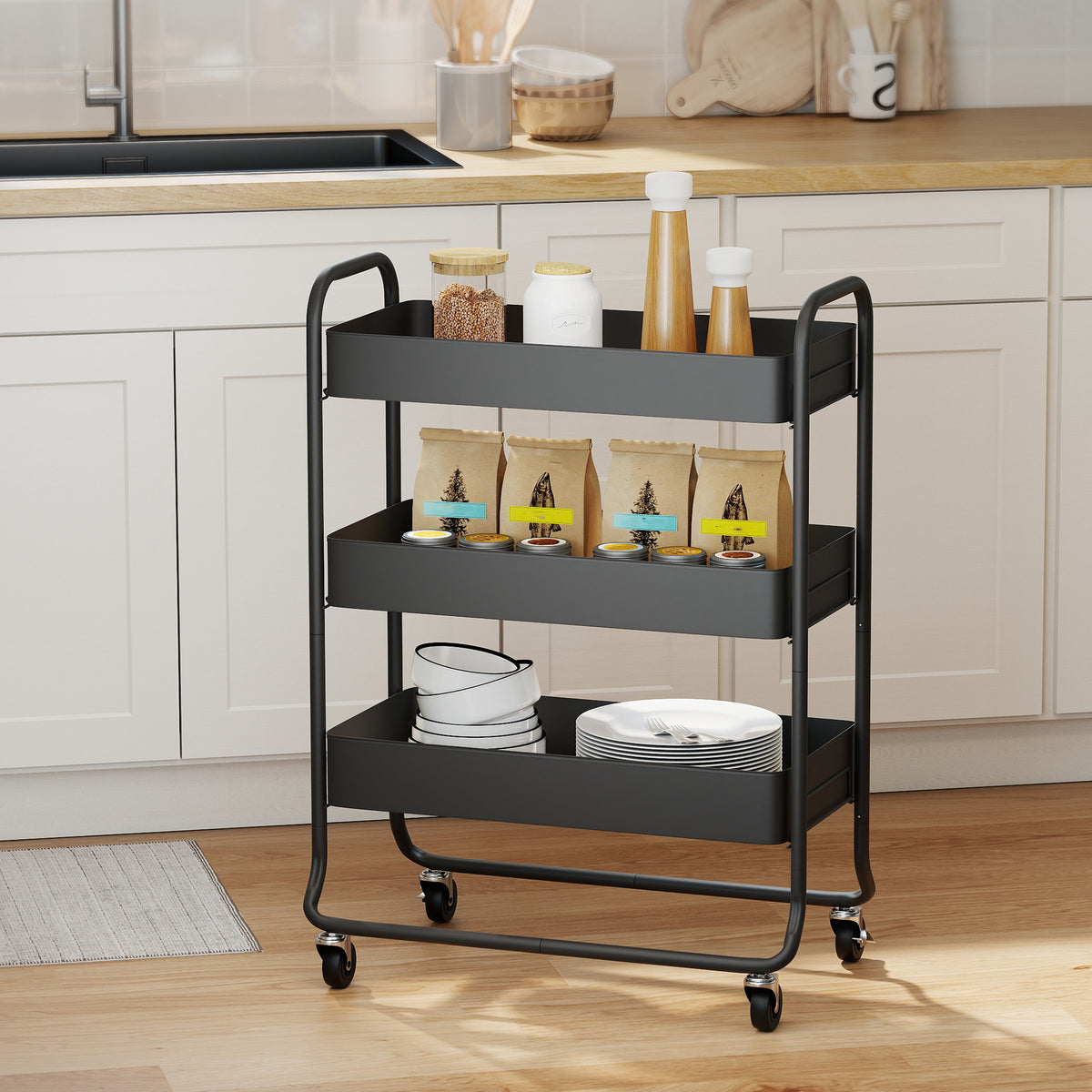 3-Tier Storage Trolley on Wheels, Rolling Utility Cart with Mesh Backets for Kitchen, Bathroom, Bedroom, Black