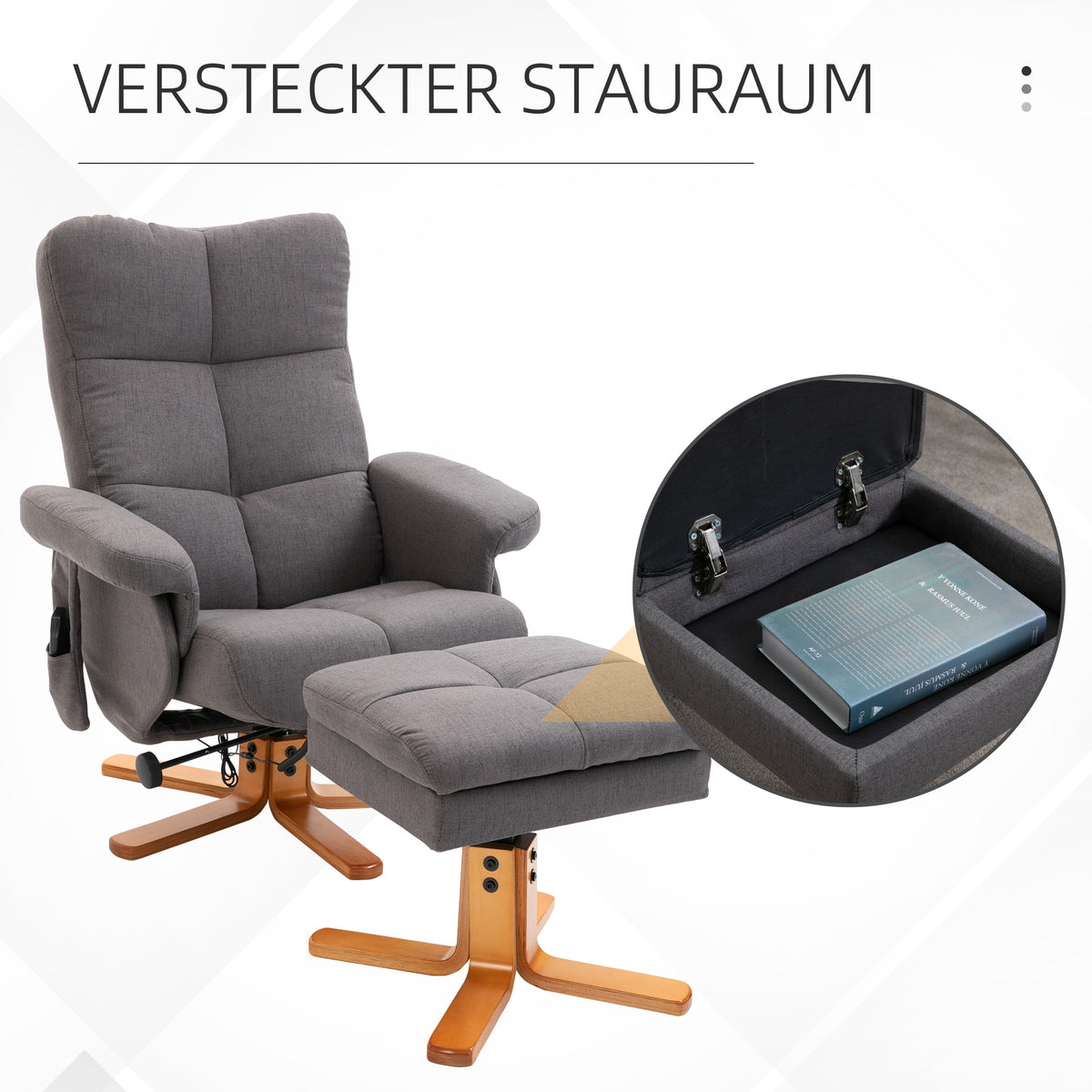 Relaxsessel mit Hocker, 360°drehbarer Fernsehsessel mit Massage, Liegefunktion, Massagesessel mit Seitentasche, TV-Sessel, Polyester für Wohnzimmer Dunkelgrau