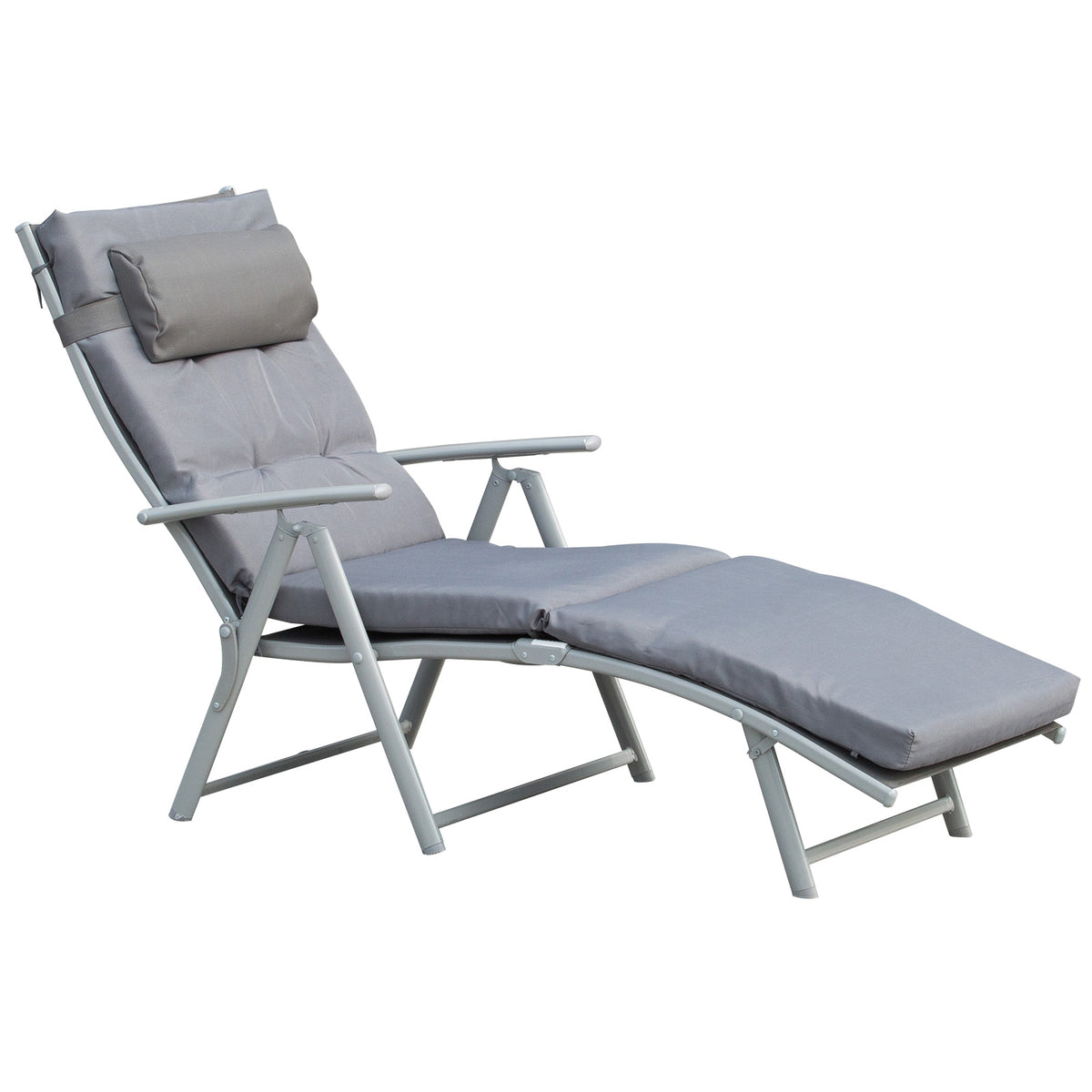 Patio Sun Lounger Garden Textilene Foldable Reclining Chair Adjustable Recliner with Cushion Pillow - Grey