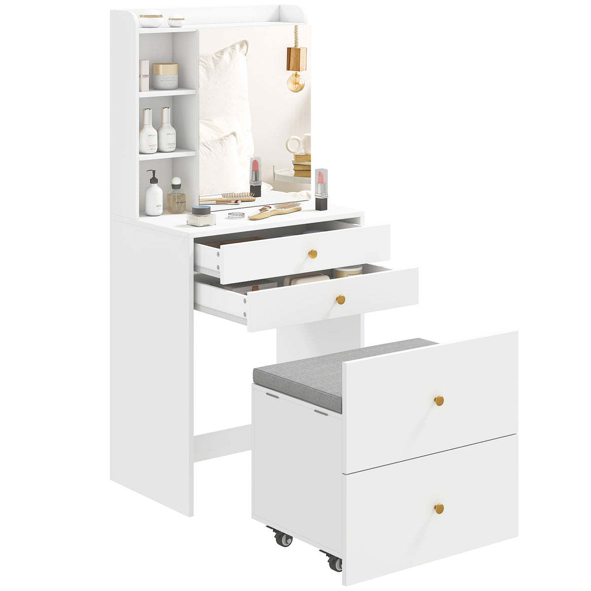 Schminktisch mit Spiegel und gepolstertem Hocker, kompakter Frisiertisch mit Schrank, Schubladen und offenen Ablagen, Weiß