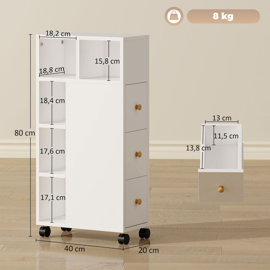 Badezimmerschrank Schmal, Badschrank mit 4 Rollen, 3 Schubladen, 5 offenen F?chern, 20x40x80cm, Wei?