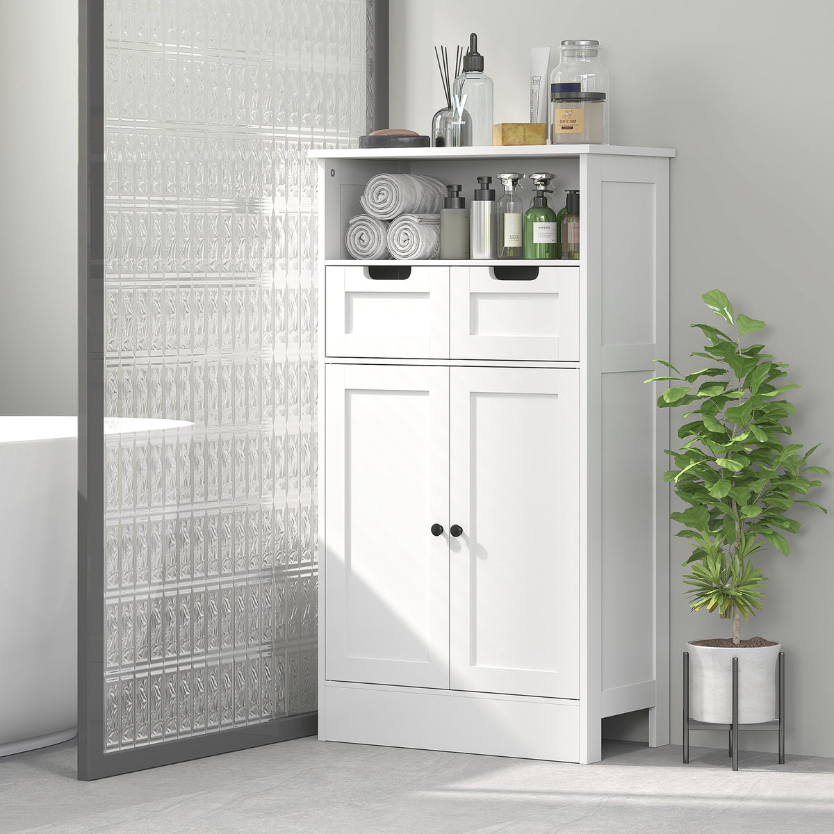 Badezimmerschrank mit 2 Schubladen, T¨¹r, 60 x 30 x 109 cm, Wei?