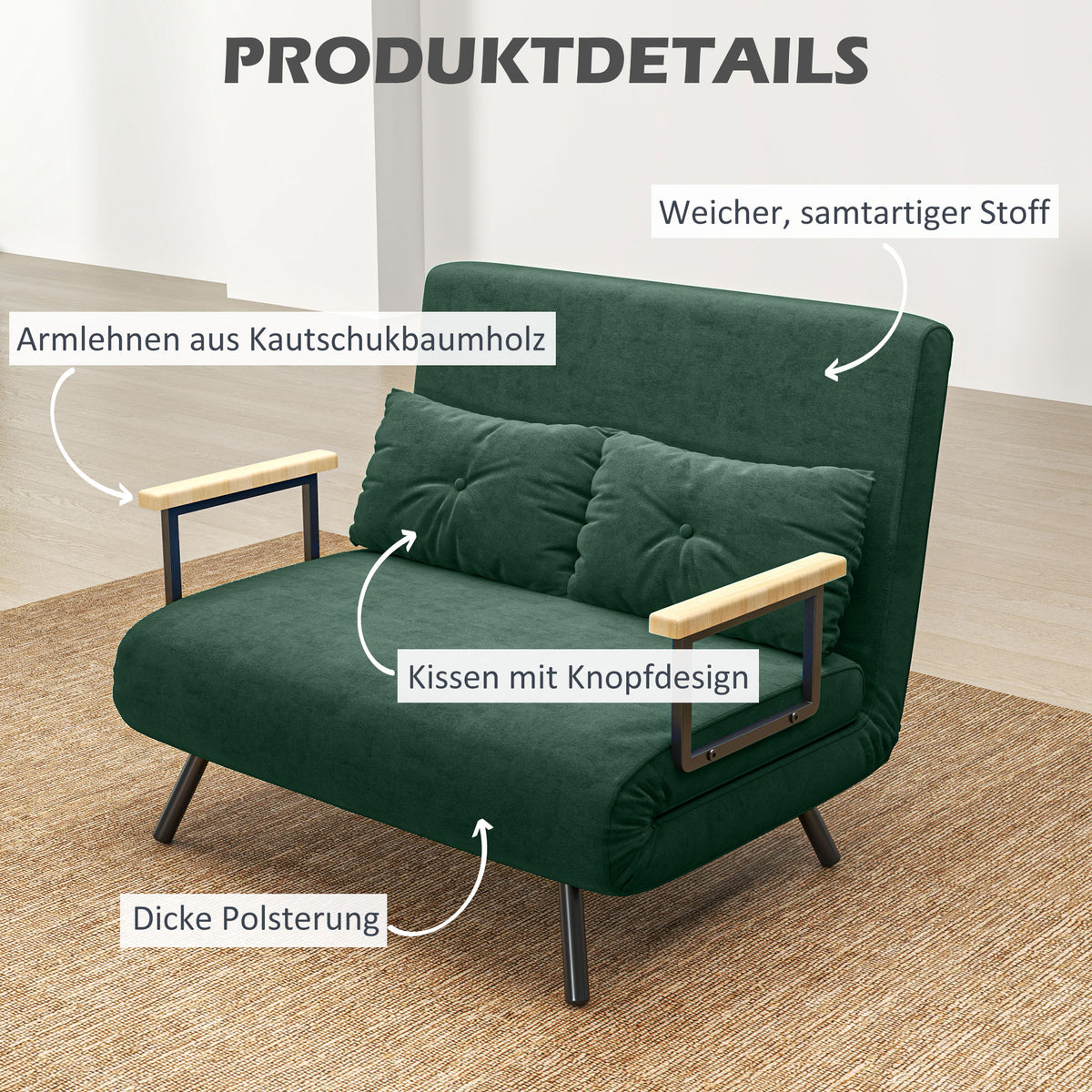 Schlafsofa 4 in 1 mit Schlaffunktion Samtoptik 183x98,5cm Grün