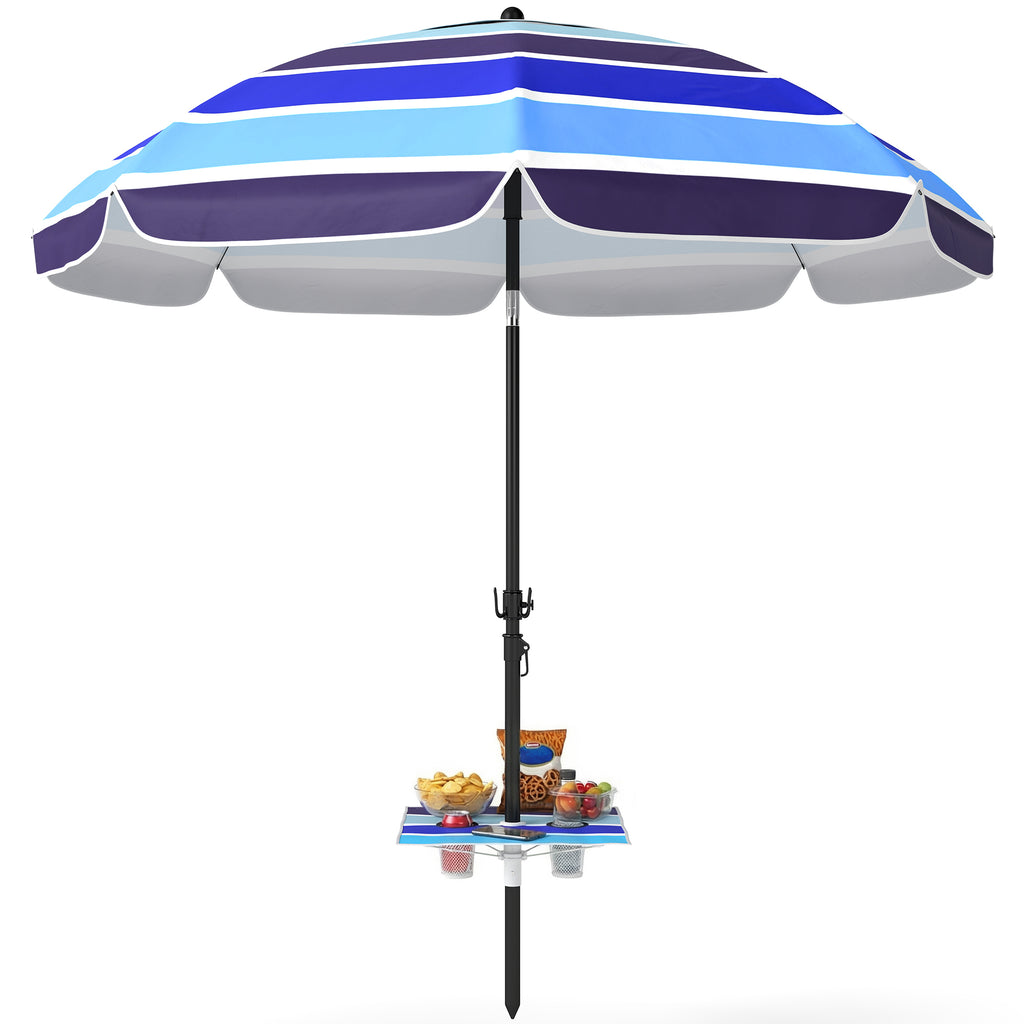 Sonnenschirm Strand Ø198 cm UV30+ Strandschirm mit klappbar Tisch Getränkehalter verstellbarer Neigung Mehrfarbig