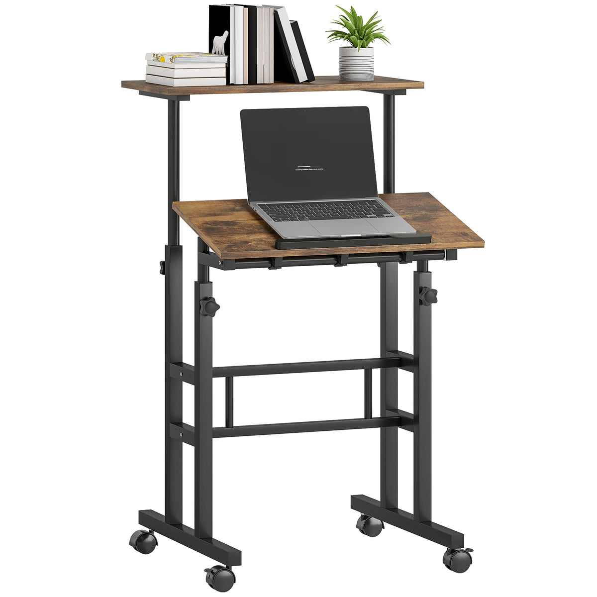 chreibtisch H?henverstellbar K¨¹chentisch mit Regal, Rollen, Computertisch Rustikal Braun 60 x 60 x 70,5-120 cm