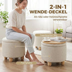 Hocker mit Stauraum, Runder Sitzhocker mit Deckel, Leinenoptik für Wohnzimmer, Schlafzimmer, 38,5x38,5x33,5 cm Beige