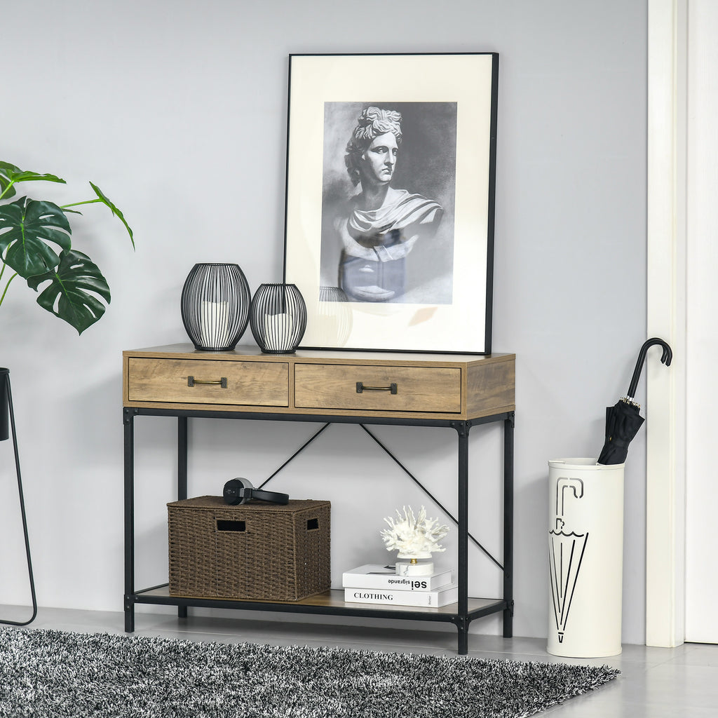 Konsolentisch Flurtisch mit Ablage und 2 Schubladen, 100 x 35 x 76,5 cm Beistelltisch Sofatisch Ausstellungstisch für Kleinen Raum, Eingang, Flur, Wohnzimmer Braun+Schwarz