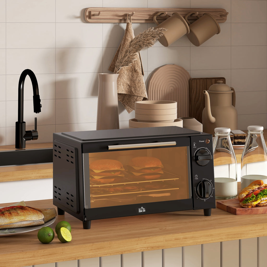 Mini-Backofen, 9 Liter Fassungsvermögen, Einstellbare Temperatur und Garzeit, mit Grillrost und Backblech, Schwarz