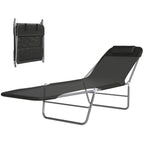 Folding Sun Lounger, Texteline Reclining Sun Bed with 5 Position Adjustable Backrest, Headrest, Black
