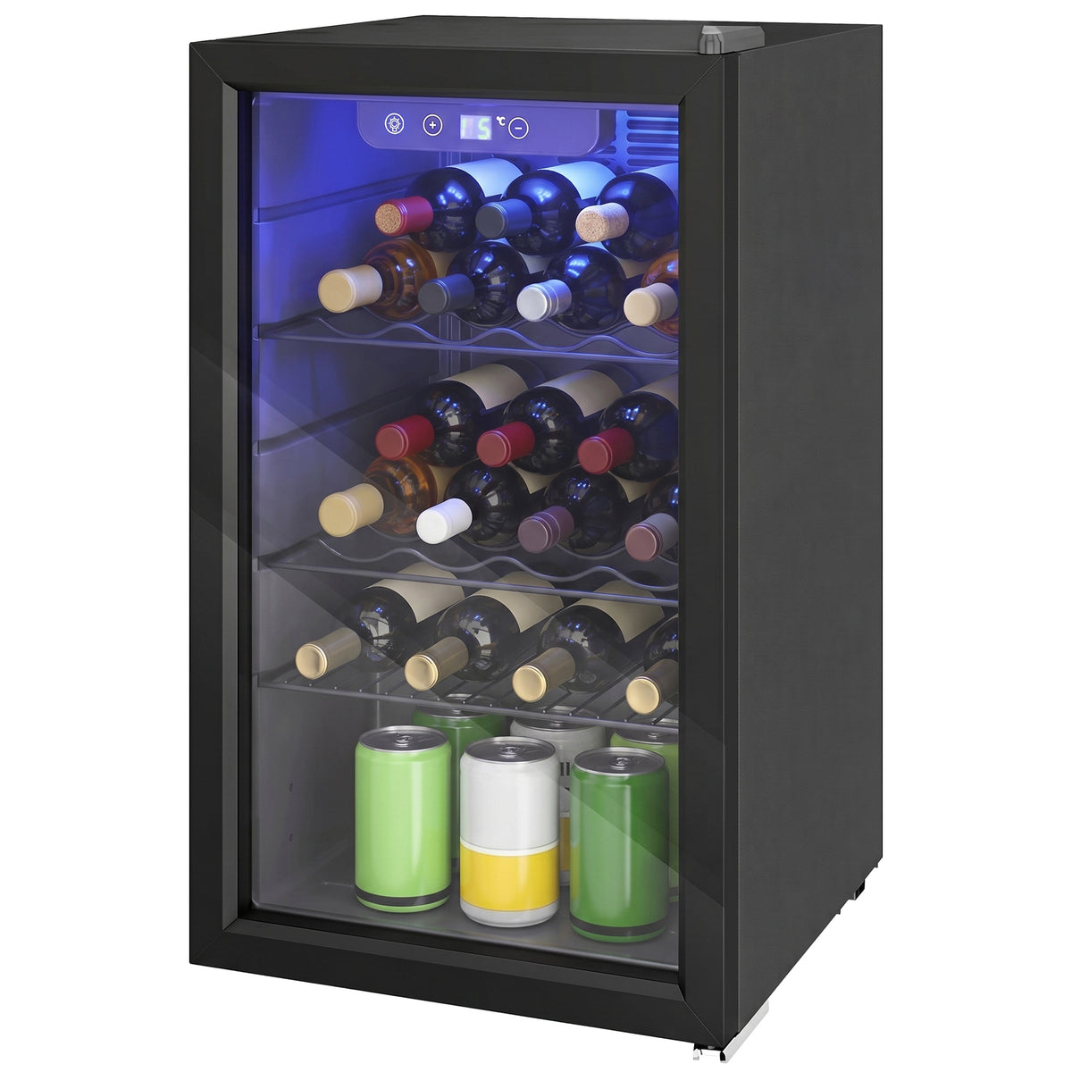 Weinkühlschrank 24 Flaschen, 68 Liter Kapazität, 4–16 °C Standgerät für Getränke, Bier und Wein mit Glas-Tür, Schwarz