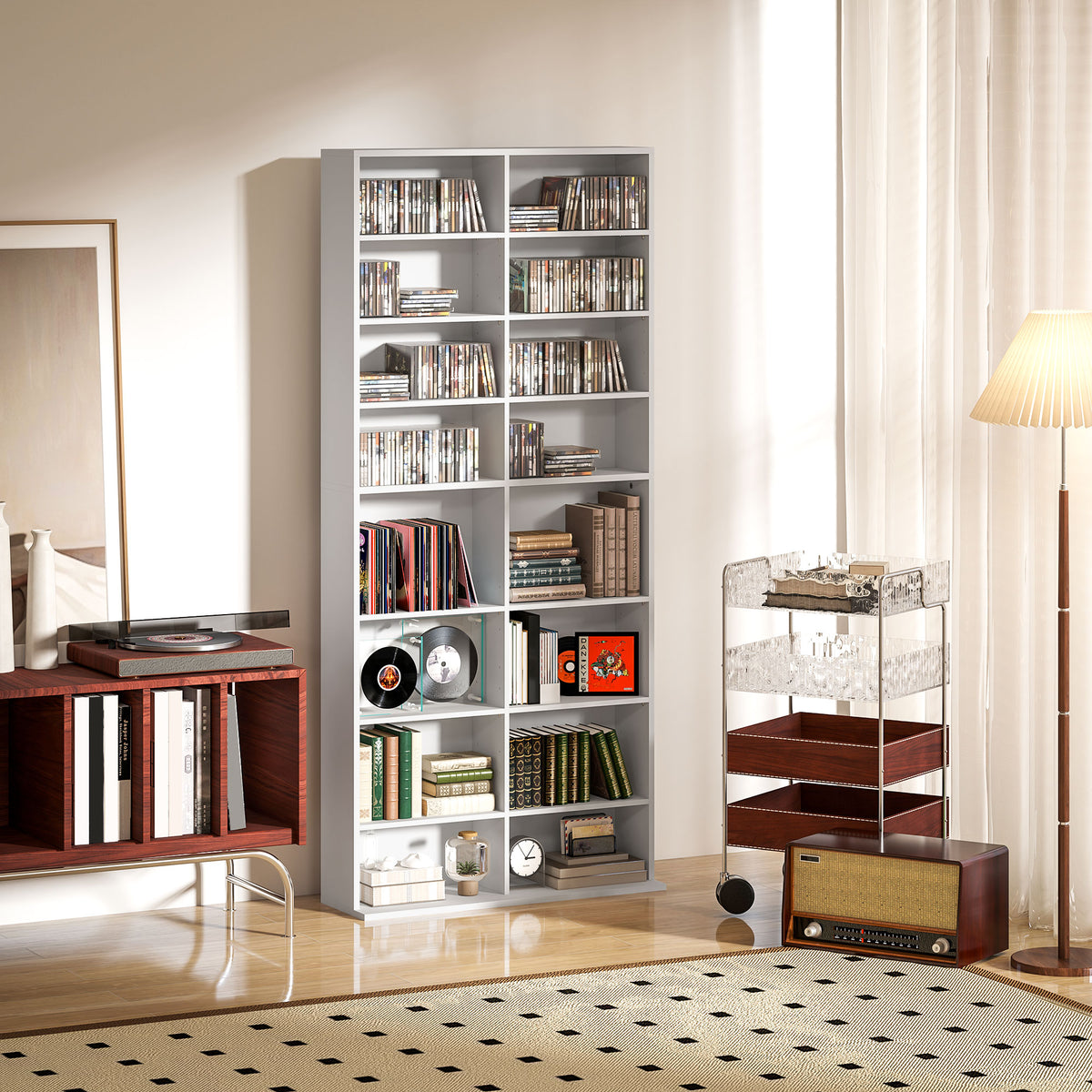 DVD-Regal, CD-Aufbewahrungsregal, 14 anpassbare Regale, 18 F?cher, 175 cm, Blu-ray-Regal, Spanplatte, Wei?