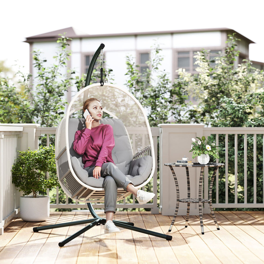 Hängesessel mit Gestell, Eiförmiger Hängeschaukel mit weichem, tiefem Kissen, Sitzpolstern Hellgrau