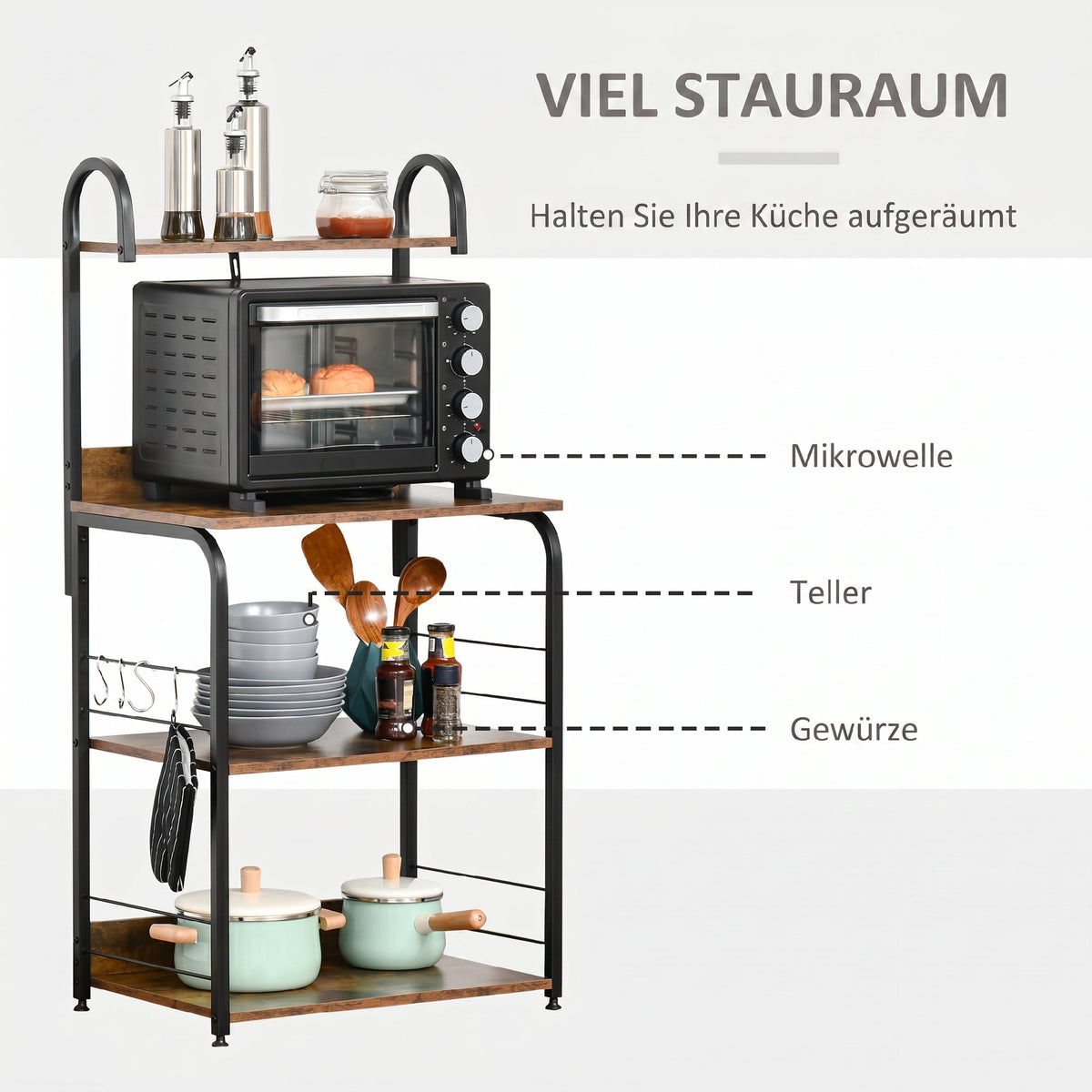 4-Tier Baker's Rack, Microwave Stand with 4 Hooks, Kitchen Storage Unit for Spices, Pots and Pans, Rustic Brown