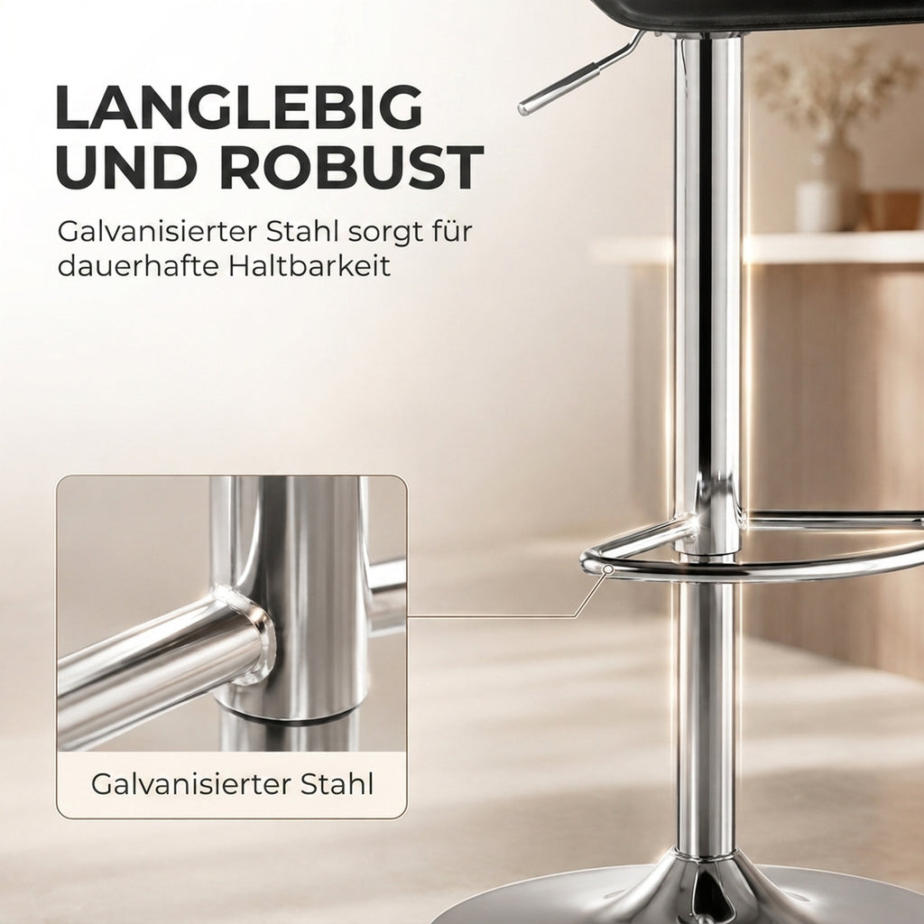 Barhocker 360° Drehbar Barstuhl mit Silber-Stahlgestell, Höhenverstellbar Küchenstuhl mit Fußstütze, Schwarz