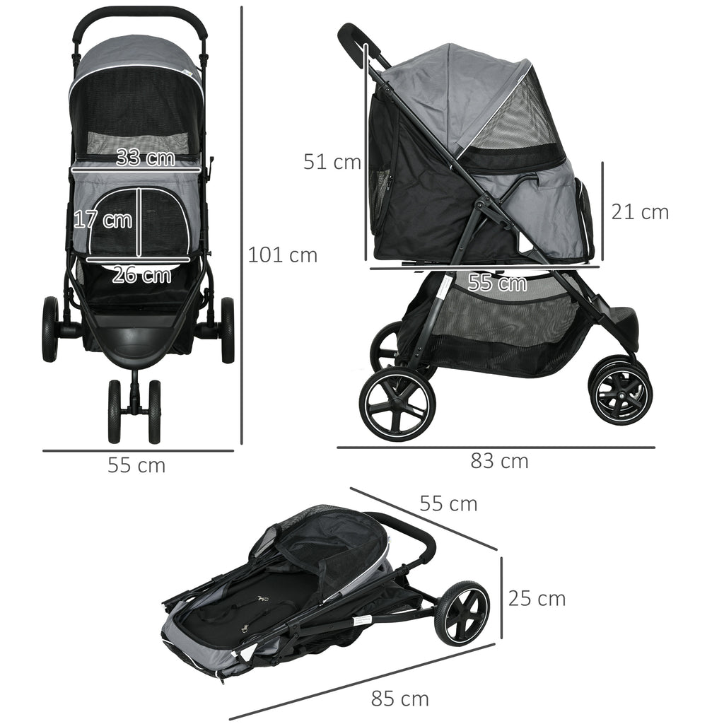 Hundebuggy Haustierwagen, klappbar, Regenschutz, 2 Sicherheitsleinen, 83cm x 55cm x 101cm, Grau + Schwarz