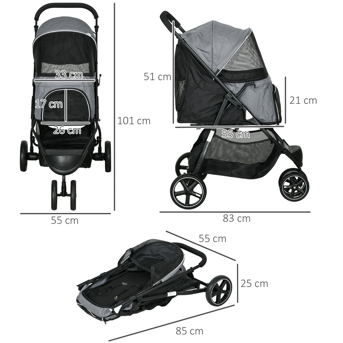 Hundebuggy Haustierwagen, klappbar, Regenschutz, 2 Sicherheitsleinen, 83cm x 55cm x 101cm, Grau + Schwarz